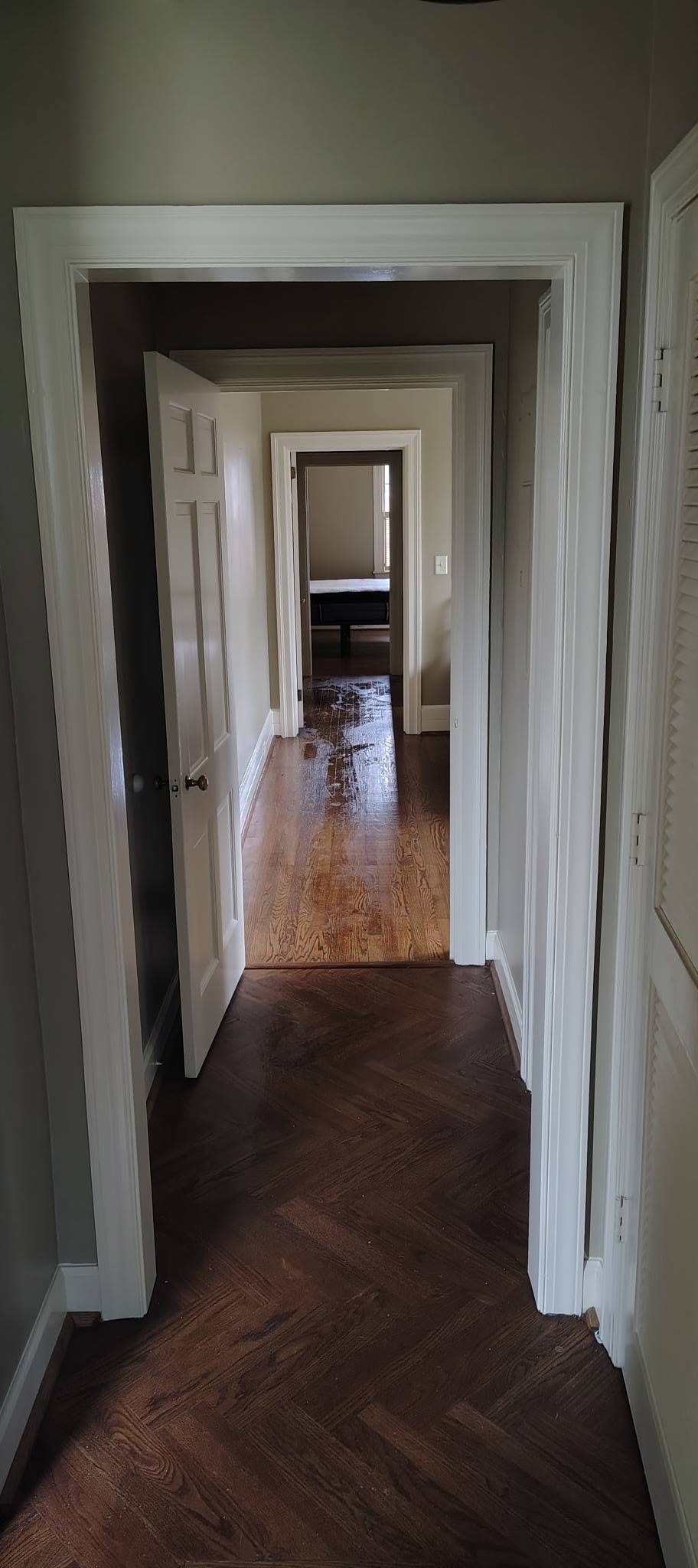Hallway with fresh paint, white trim and hardwood floors